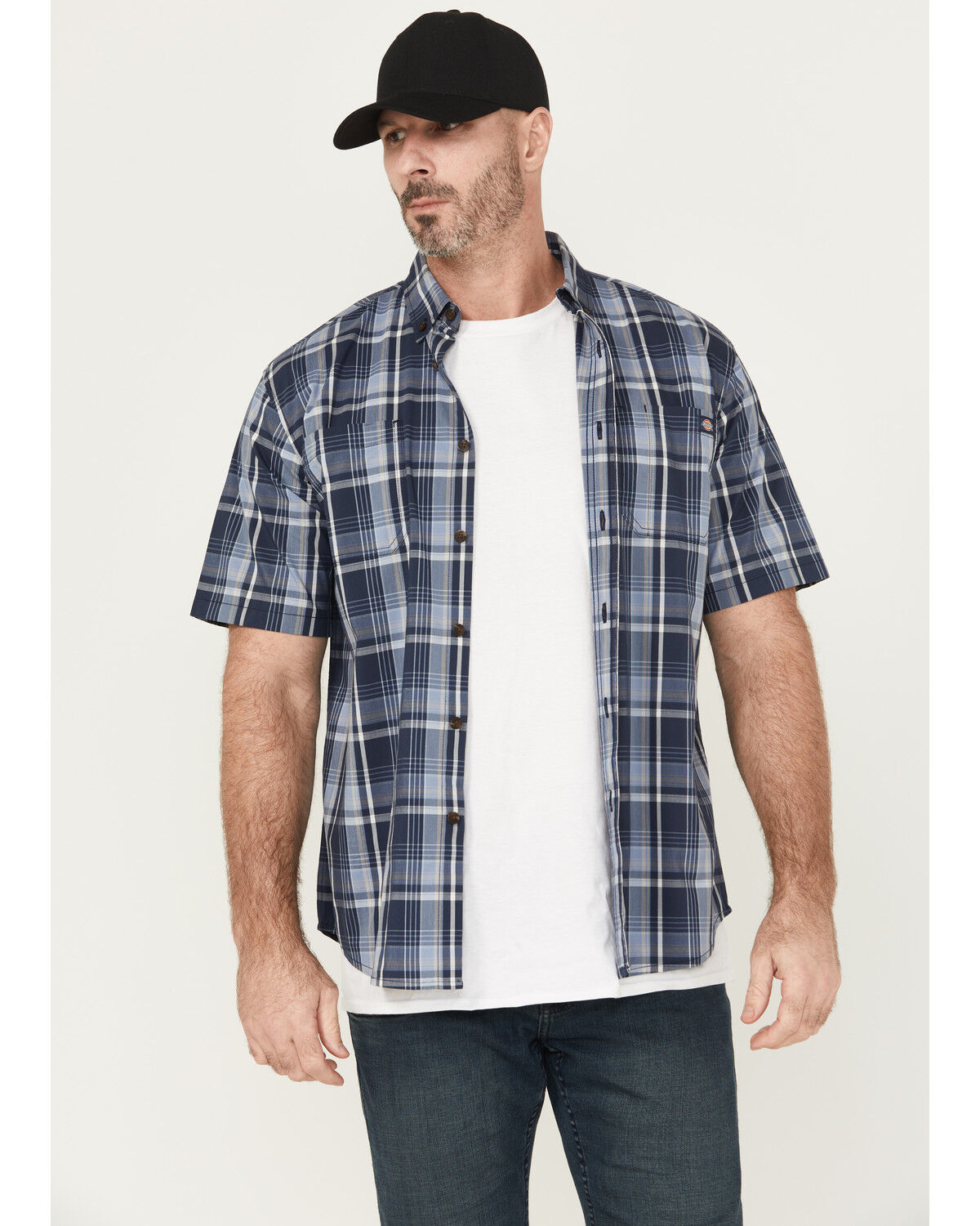 Image #1 - Dickies Men's Flex Plaid Print Short Sleeve Button-Down Work Shirt, Navy, hi-res