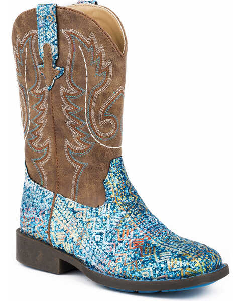 Roper Girls' Glitter Southwestern Western Boots - Square Toe, Blue, hi-res