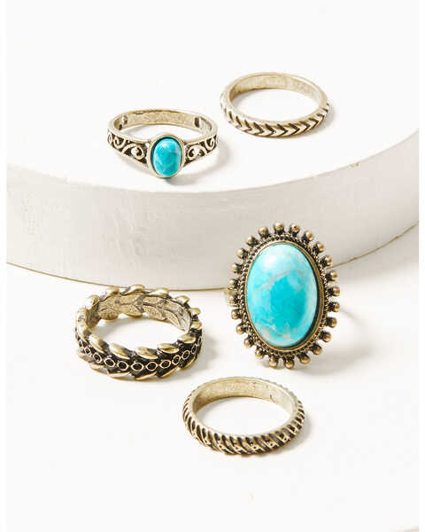 Image #1 - Shyanne Women's 5-piece Gold & Turquoise Ring Set, Gold, hi-res