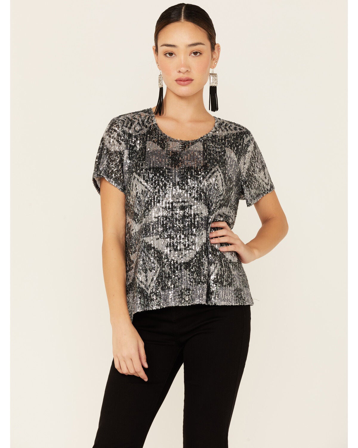 Tasha Polizzi Women's Sequins Starla Short Sleeve Top, Black, hi-res