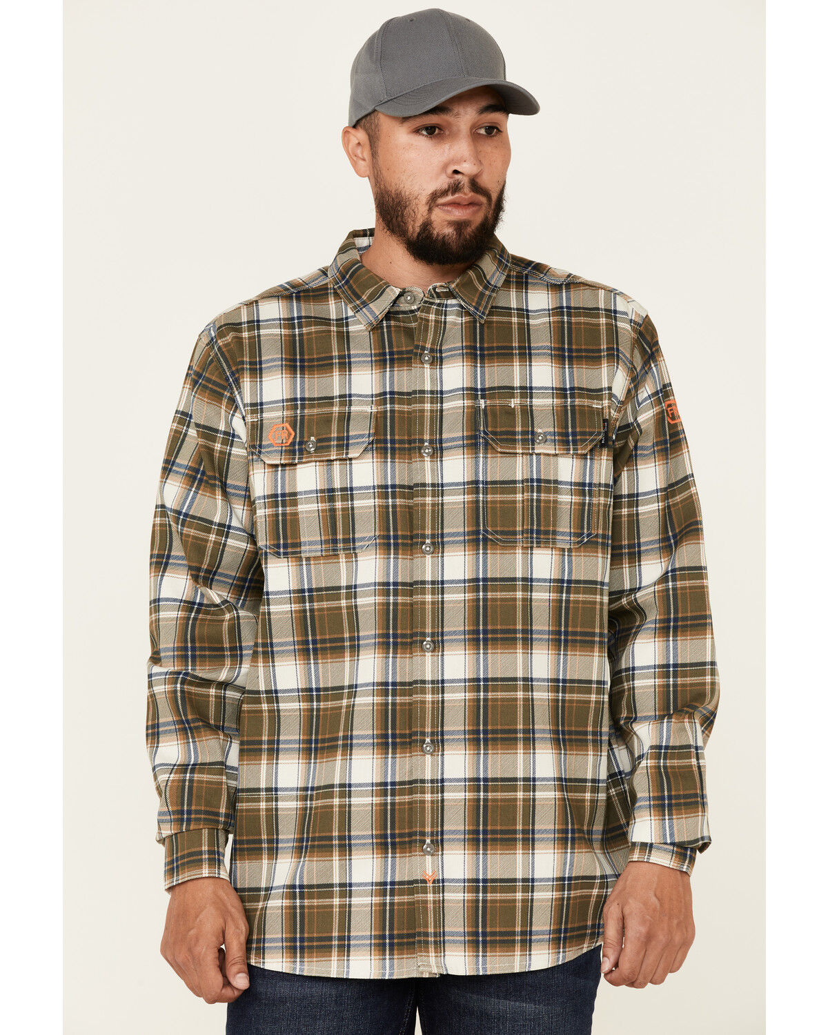 Image #1 - Hawx Men's FR Woven Plaid Print Long Sleeve Button-Down Work Shirt, Olive, hi-res