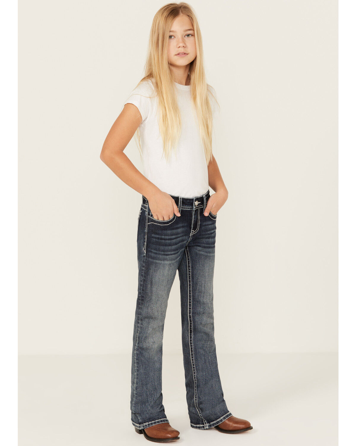 Image #3 - Grace in LA Girls' Medium Wash Longhorn Skull Stretch Bootcut Jeans, Medium Wash, hi-res