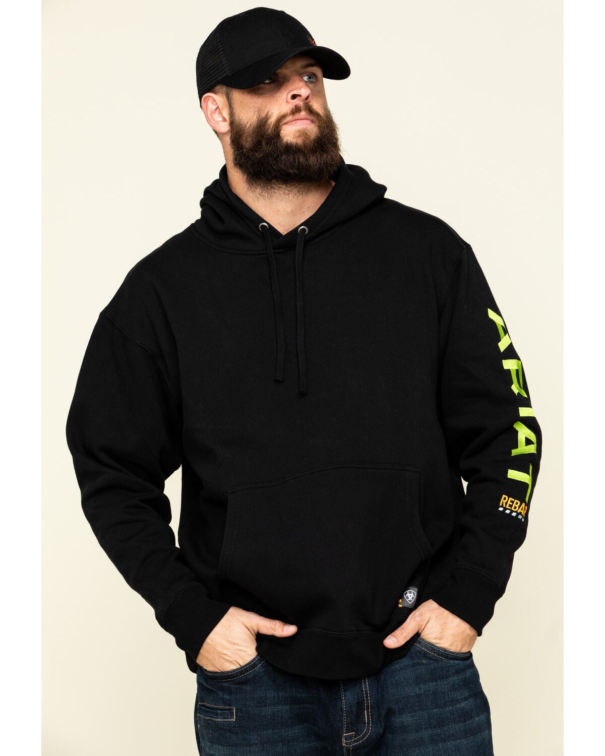 Ariat Men's Black/Lime Rebar Graphic Hooded Work Sweatshirt, Black, hi-res