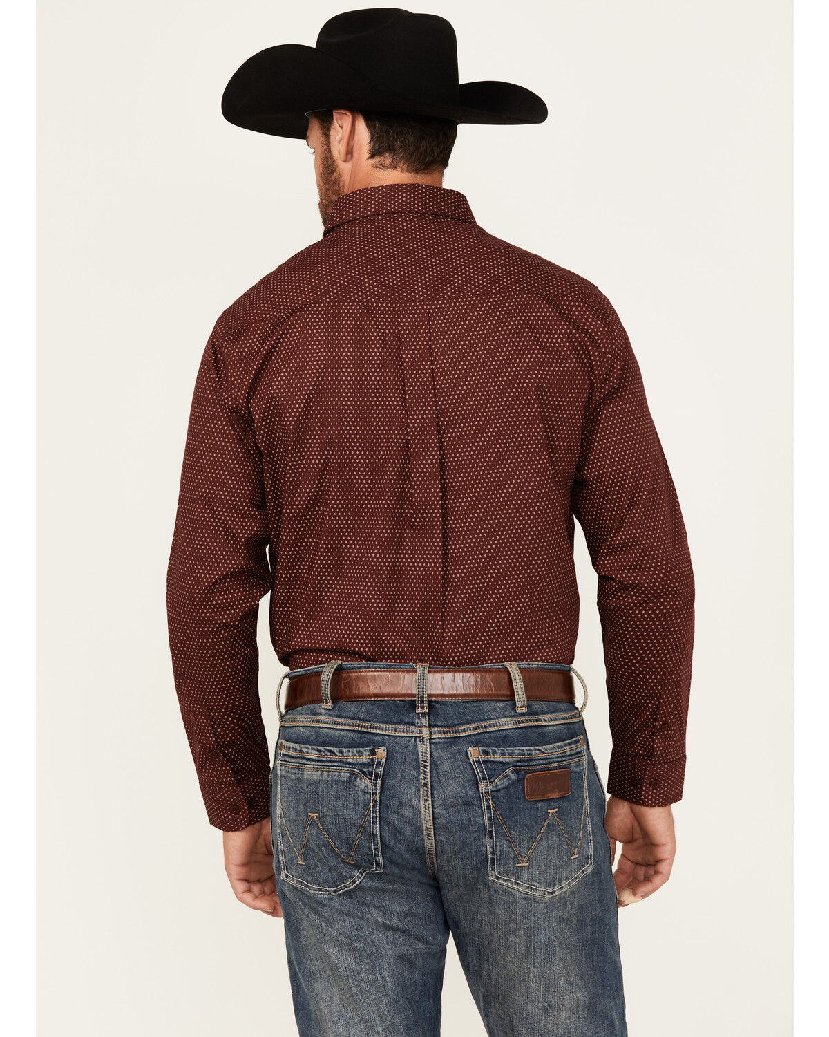Image #4 - Justin Men's Boot Barn Exclusive Geo Print Long Sleeve Button-Down Stretch Western Shirt, Wine, hi-res