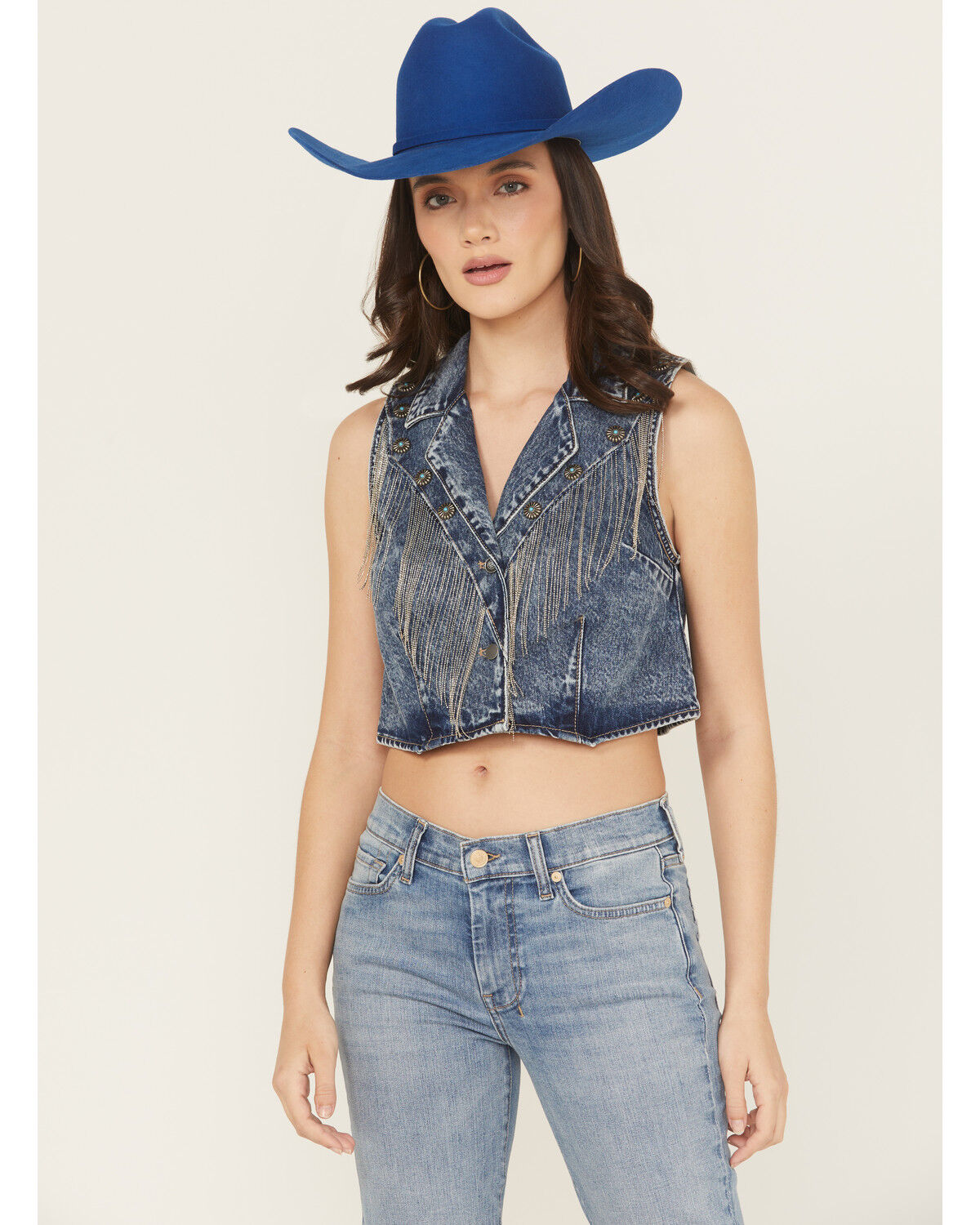 Image #1 - Rock & Roll Denim Women's Denim Fringe Concho Vest, Blue, hi-res