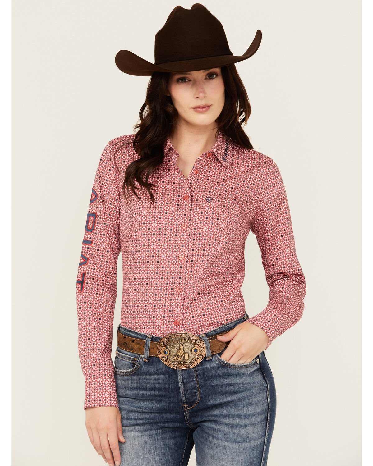 Image #2 - Ariat Women's Boot Barn Exclusive Team Kirby Medallion Print Long Sleeve Button-Down Stretch Western Shirt, Rose, hi-res
