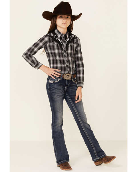 Image #2 - Roper Girls' Plaid Print Fancy Applique Yoke Long Sleeve Snap Western Shirt , Black, hi-res