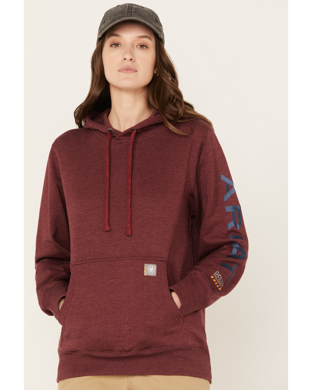 Image #1 - Ariat Women's Rebar Logo Sleeve Graphic Work Hooded Sweatshirt, Heather Red, hi-res