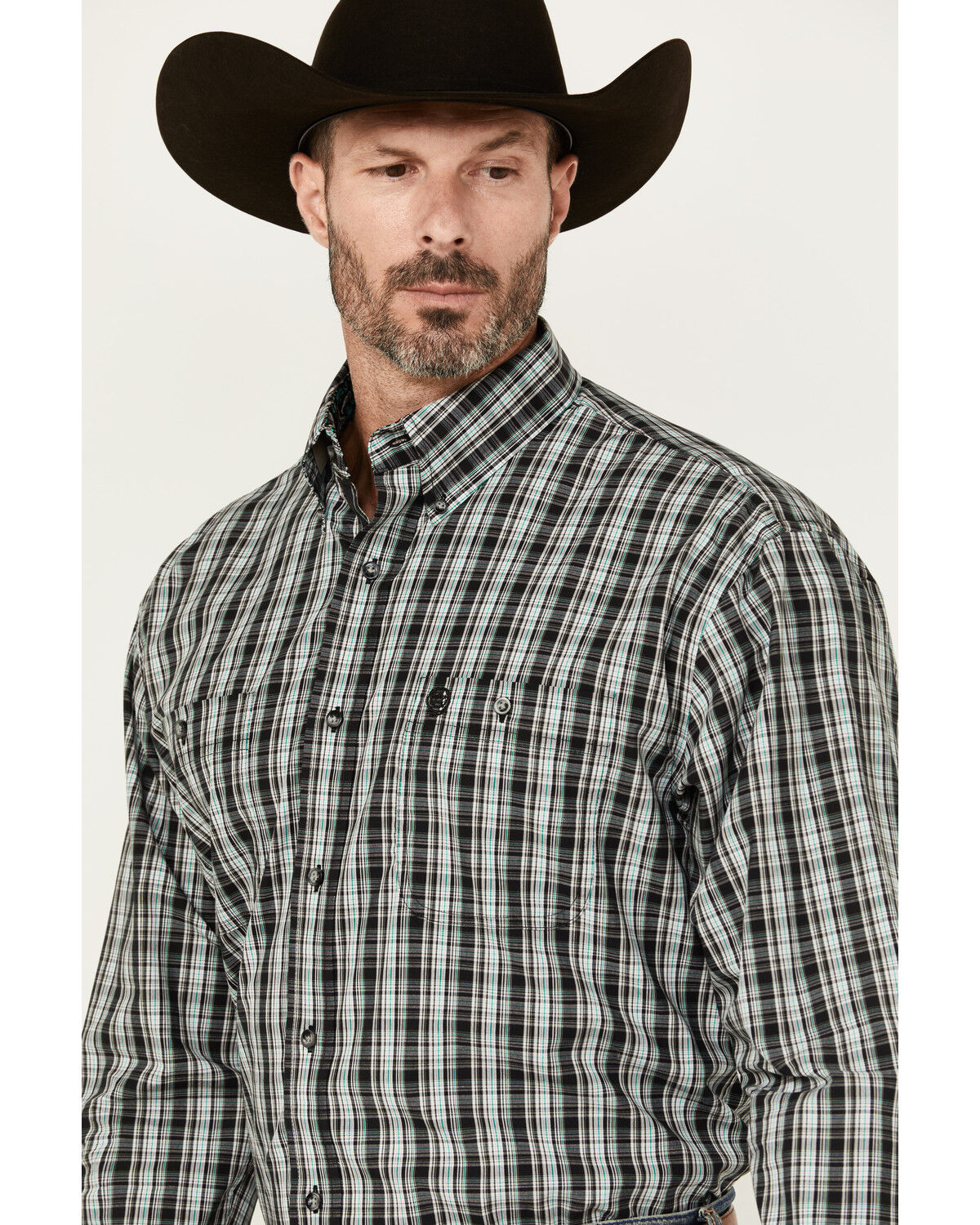Image #2 - George Strait By Wrangler Men's Plaid Print Long Sleeve Button-Down Stretch Western Shirt, Black, hi-res