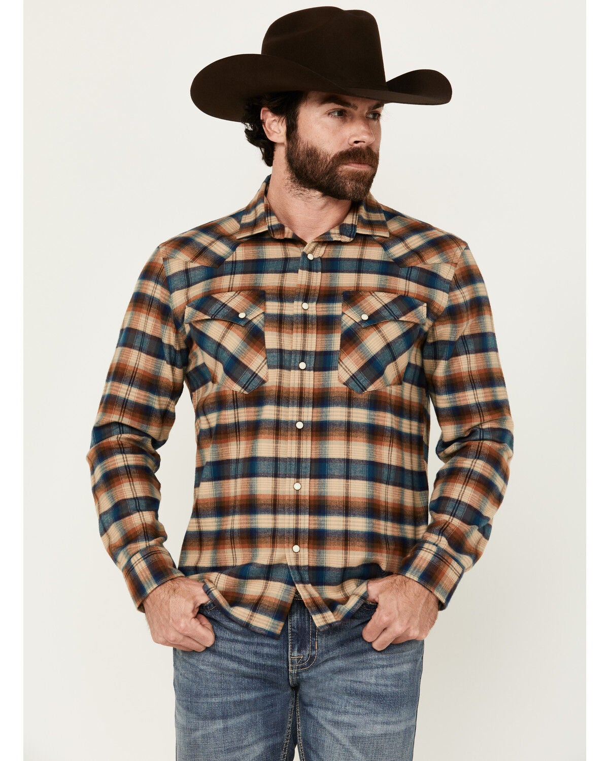Image #1 - Pendleton Men's Wyatt Plaid Print Long Sleeve Snap Western Shirt, Tan, hi-res