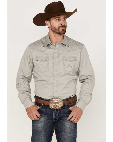 Wrangler Retro Premium Men's Solid Long Sleeve Snap Western Shirt , Grey, hi-res