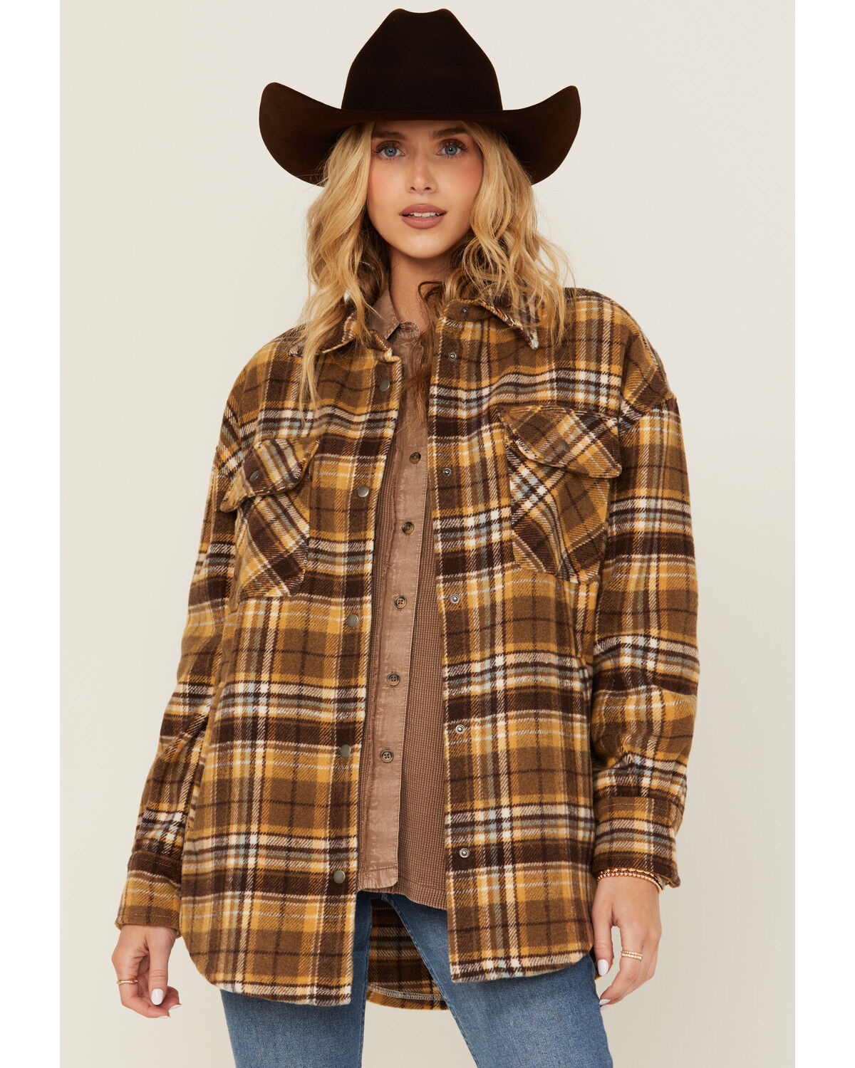 Image #2 - Fornia Women's Plaid Print Shacket, Yellow, hi-res