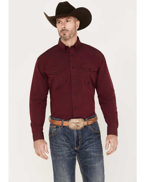 Roper Men's Vintage Solid Long Sleeve Button Down Western Shirt , Wine, hi-res