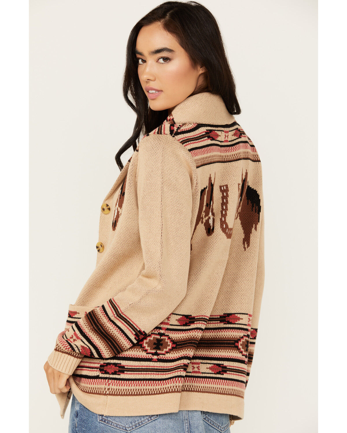 Image #4 - Cotton & Rye Women's Horse Motif Print Cardigan, Tan, hi-res