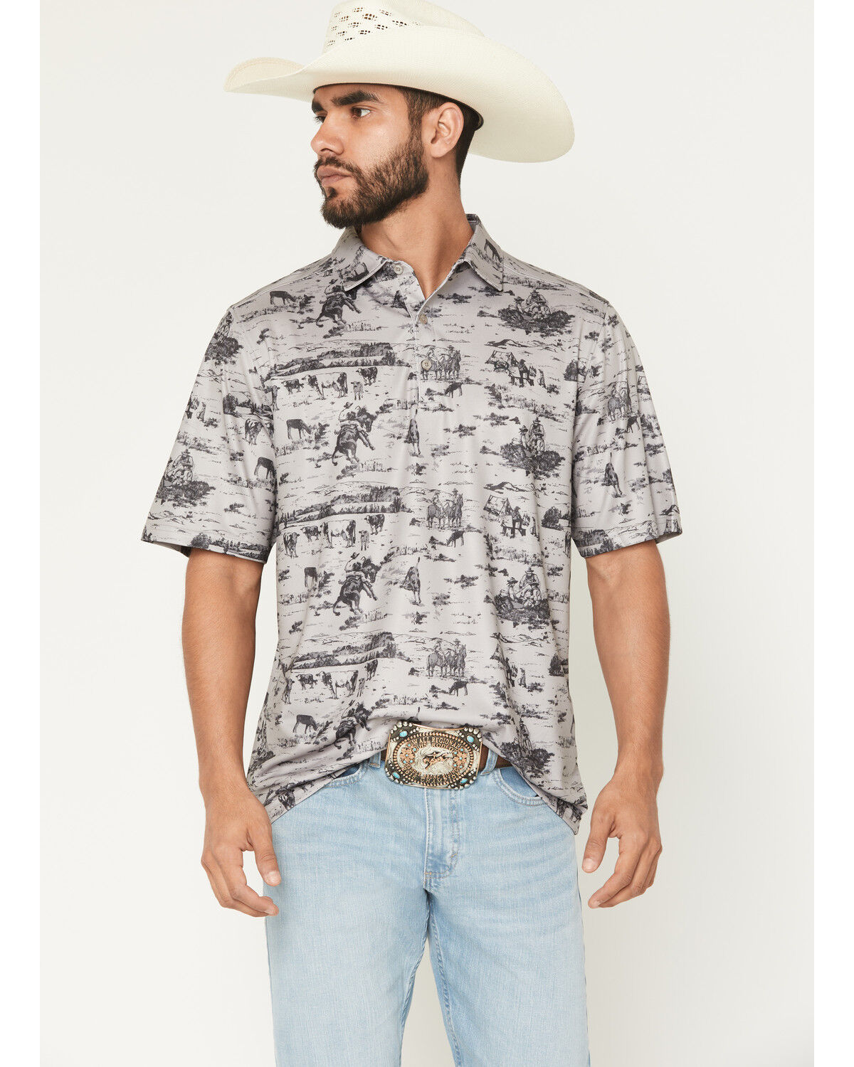 Image #1 - CInch Men's Cowboy Print Short Sleeve Button-Down Stretch Polo Shirt, Grey, hi-res