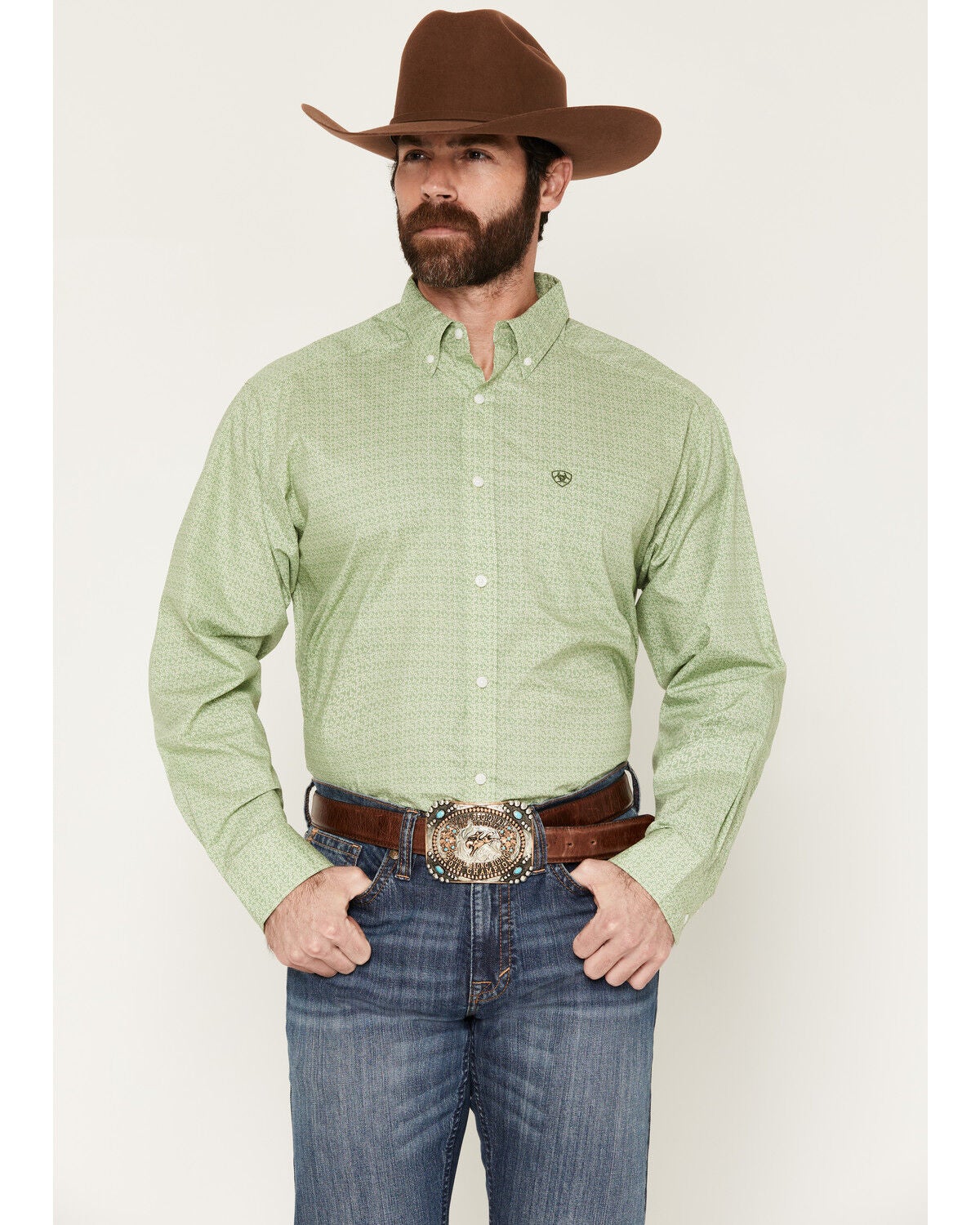 Ariat Men's Smitty Abstract Print Long Sleeve Button-Down Western Shirt, Green, hi-res