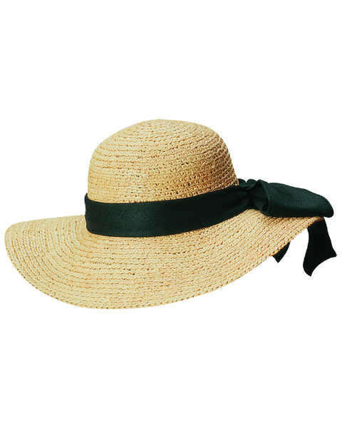 Scala Women's Natural Organic Raffia with Black Bow Sun Hat, Natural, hi-res
