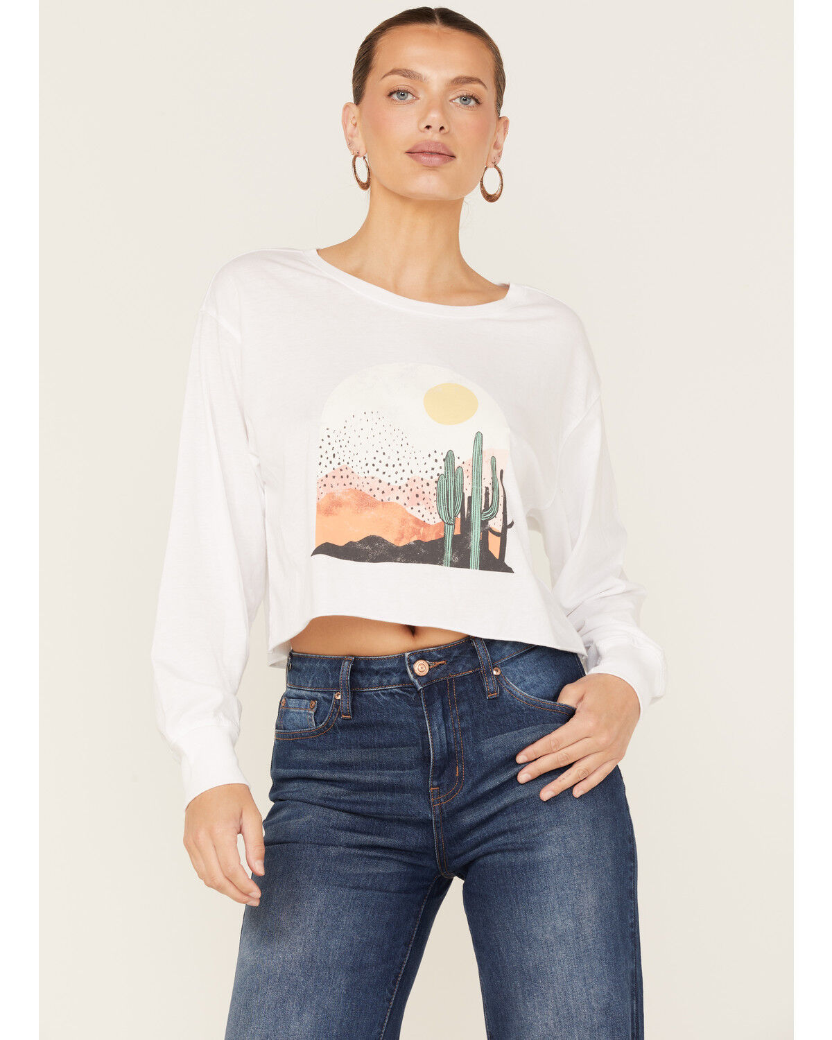 Image #1 - White Crow Women's Desert Cactus Scene Long Sleeve Graphic Tee, White, hi-res