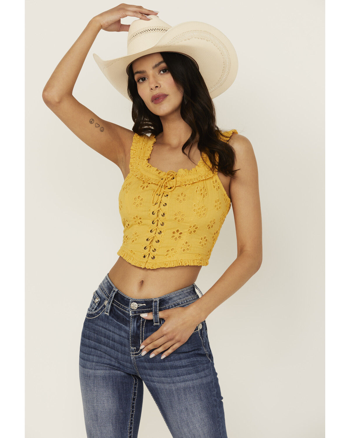 Image #1 - Rock & Roll Denim Women's Eyelet Corset Tank Top, Yellow, hi-res