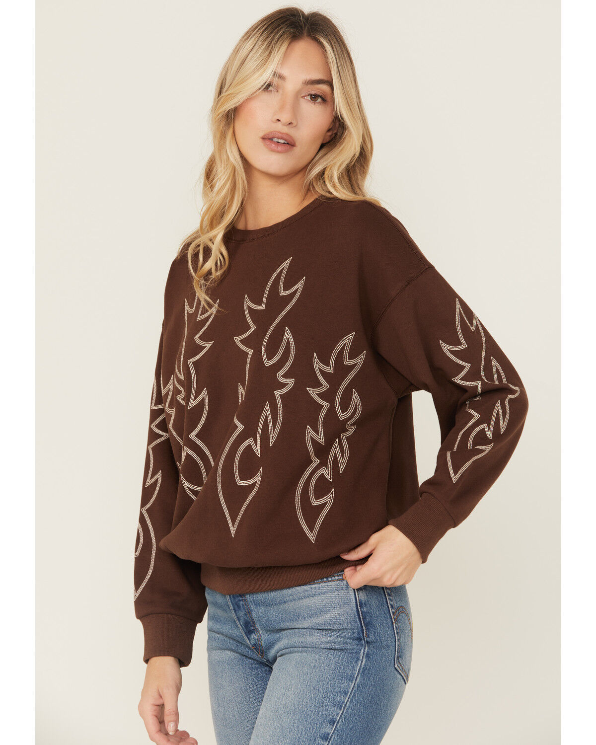 Image #2 - Blue B Women's Boot Stitch Crewneck Sweatshirt, Brown, hi-res