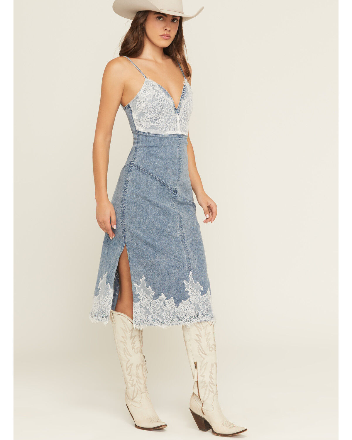 Image #2 - Blue B Women's Light Wash Lace Sleeveless Denim Midi Dress, Light Wash, hi-res