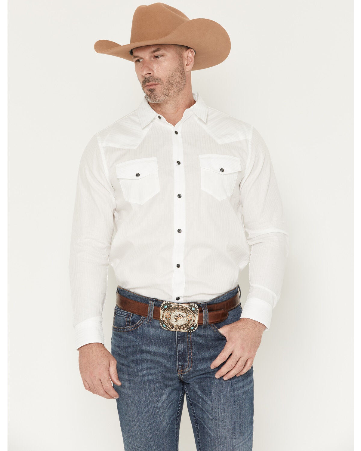 Gibson Trading Co Men's Southside Tonal Satin Striped Long Sleeve Snap Stretch Western Shirt, White, hi-res
