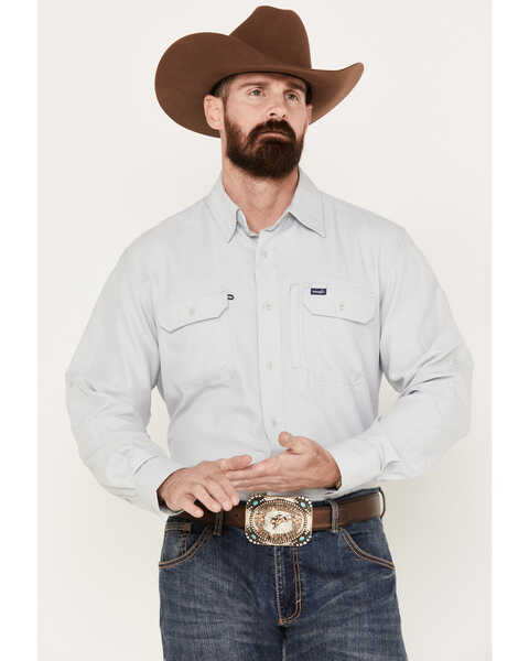 Wrangler Men's Solid Performance Long Sleeve Button-Down Shirt, Light Grey, hi-res