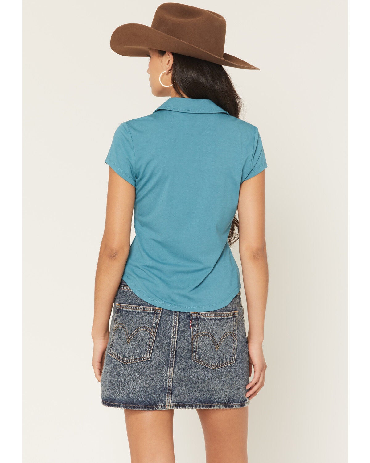 Image #4 - Shyanne Women's Ruched Short Sleeve Button-Down Shirt, Turquoise, hi-res