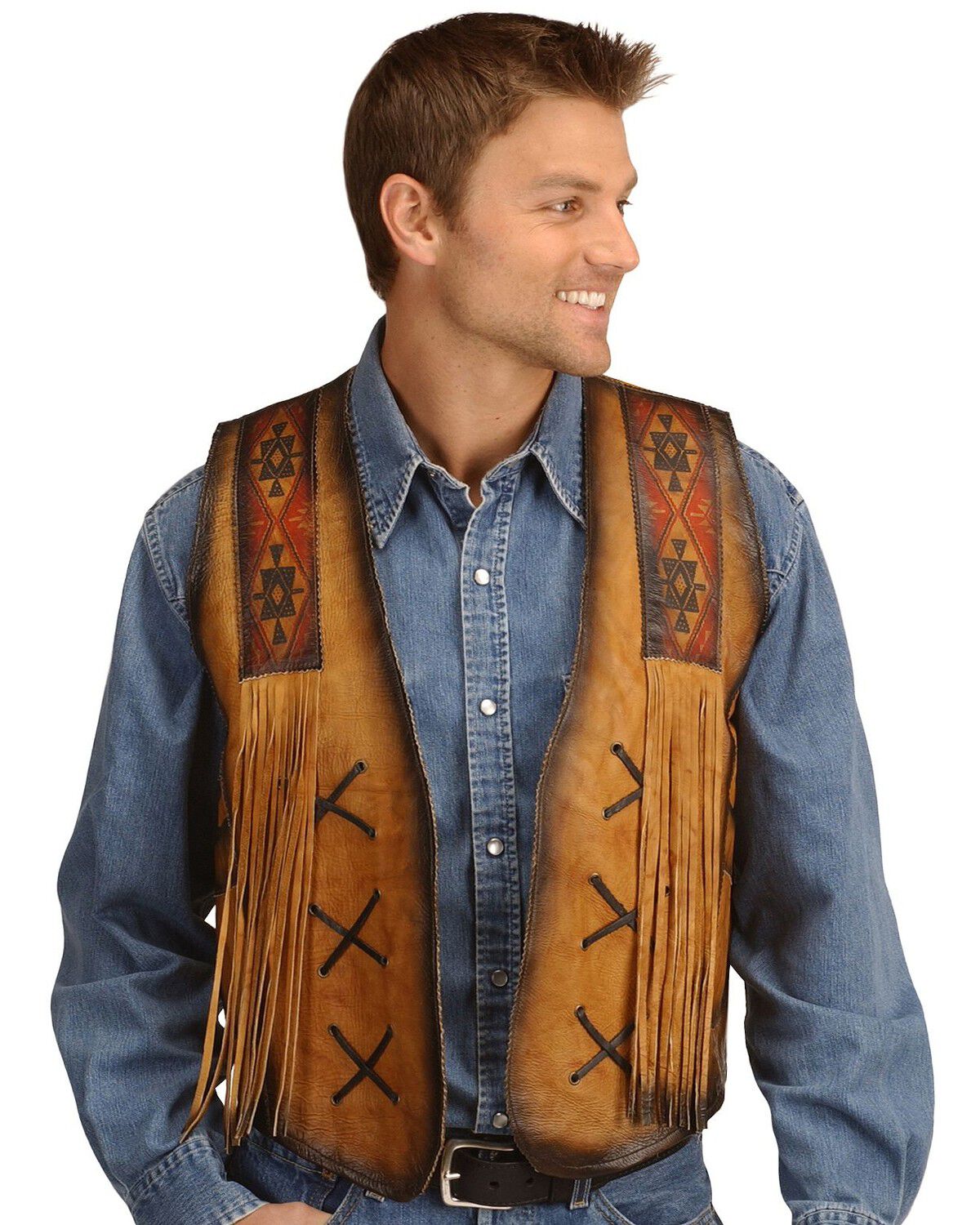 Image #2 - Kobler Leather Vest with Bull Skull Design, Beige, hi-res