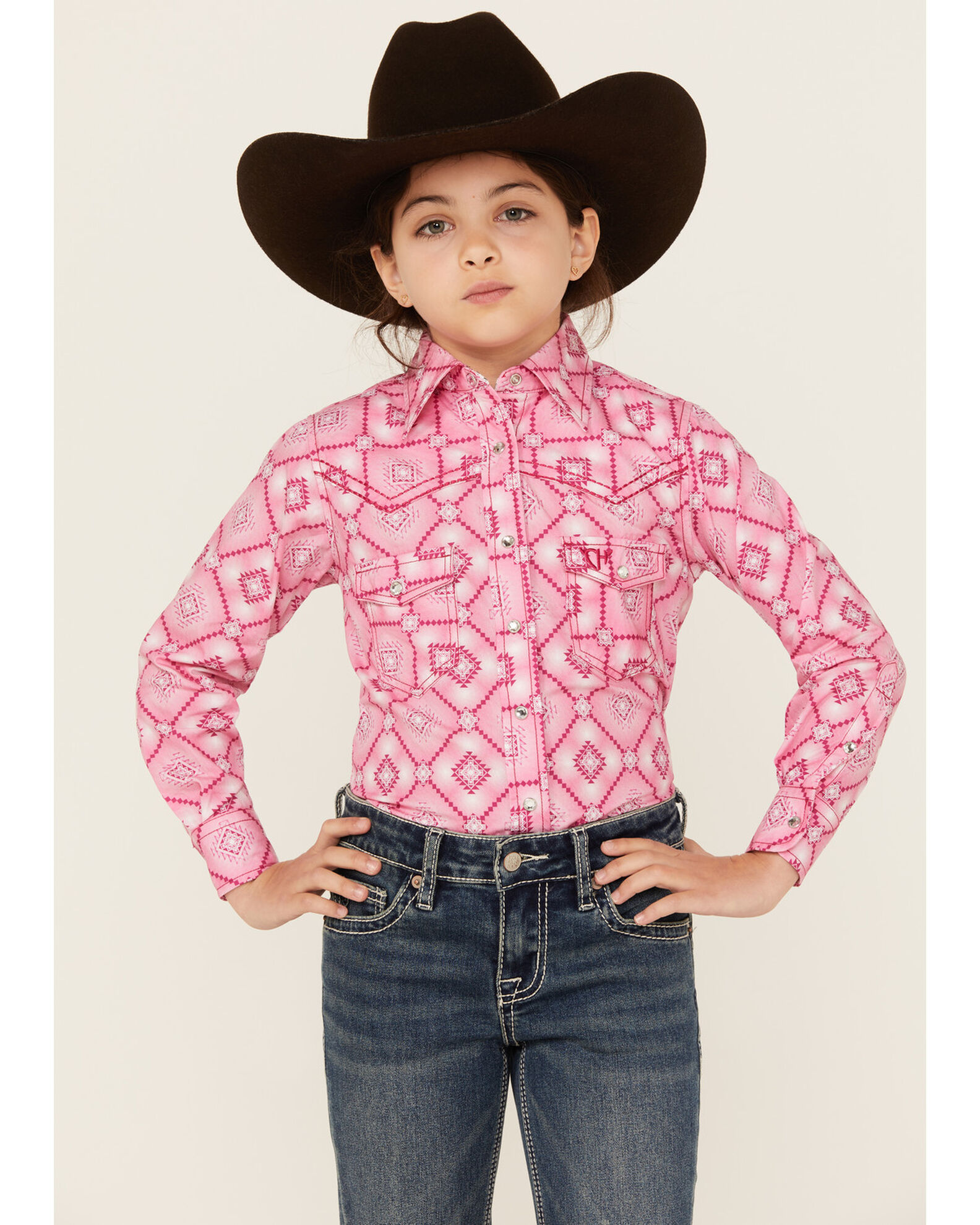 Cowgirl Hardware Girls Diamond Southwestern Print Long Sleeve Snap Western Shirt