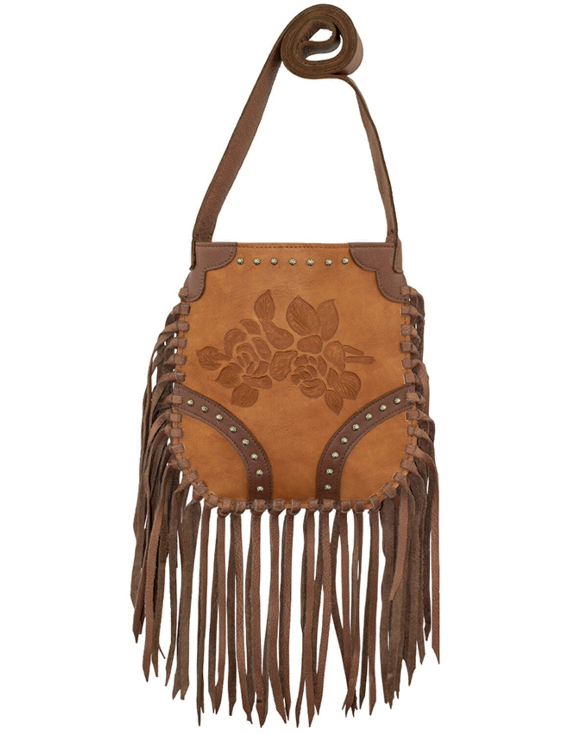 American West Women's Floral Tooled Fringe Crossbody Bag, Tan, hi-res