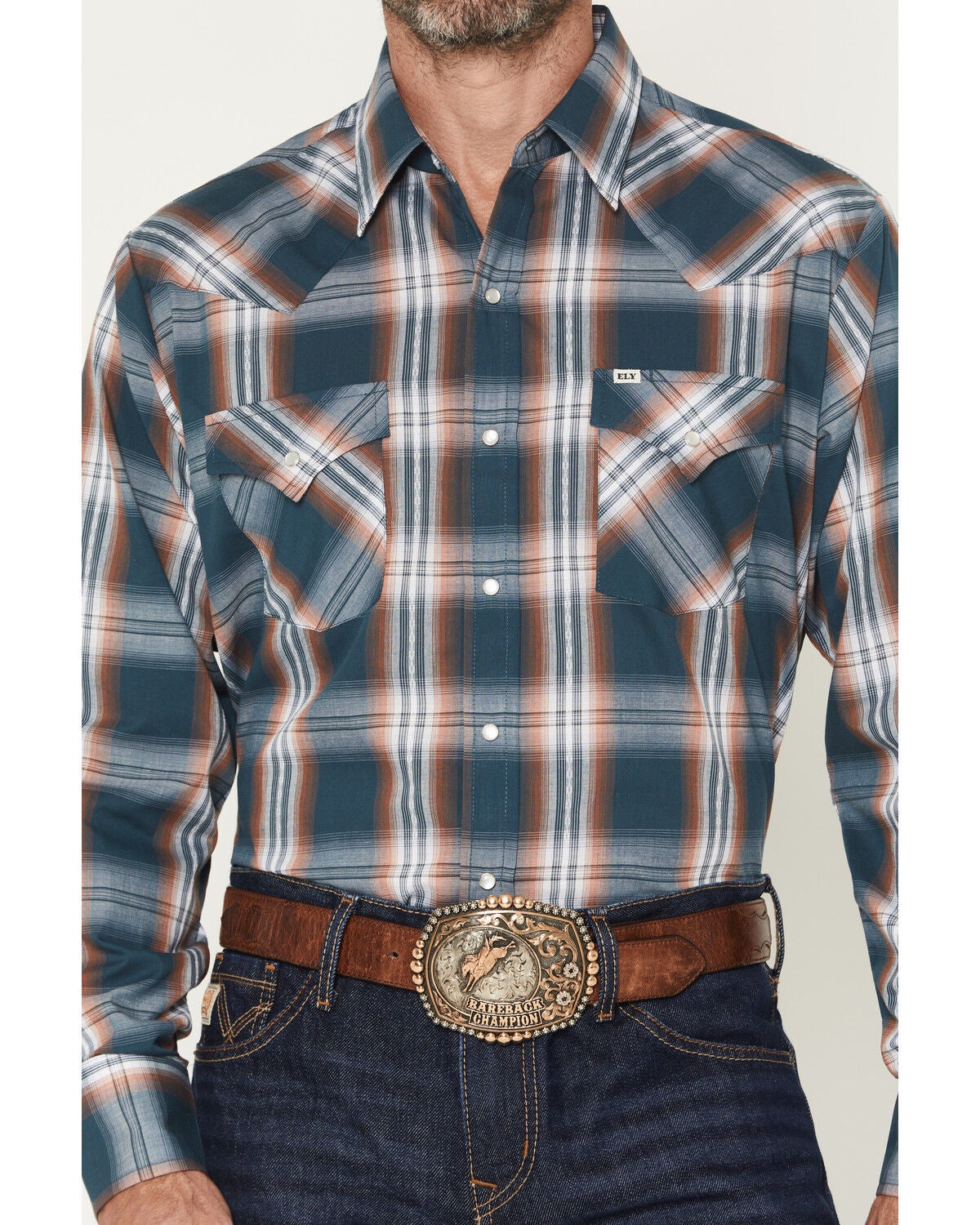 Image #3 - Ely Walker Men's Plaid Print Long Sleeve Pearl Snap Western Shirt, Dark Teal, hi-res
