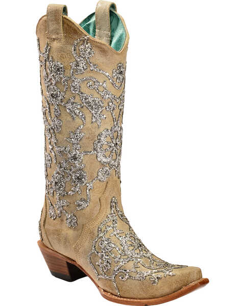 Corral Women's Bone Glitter Overlay Embroidery & Crystals Western Boots - Snip Toe, Natural, hi-res