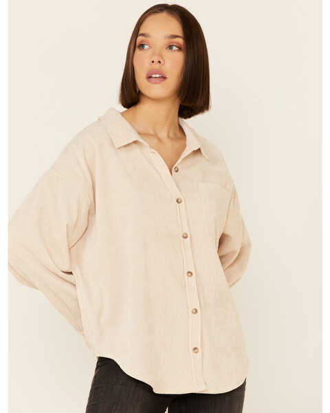 Image #1 - Wishlist Women's Solid Corduroy Oversized Long Sleeve Button-Down Shirt , Sand, hi-res