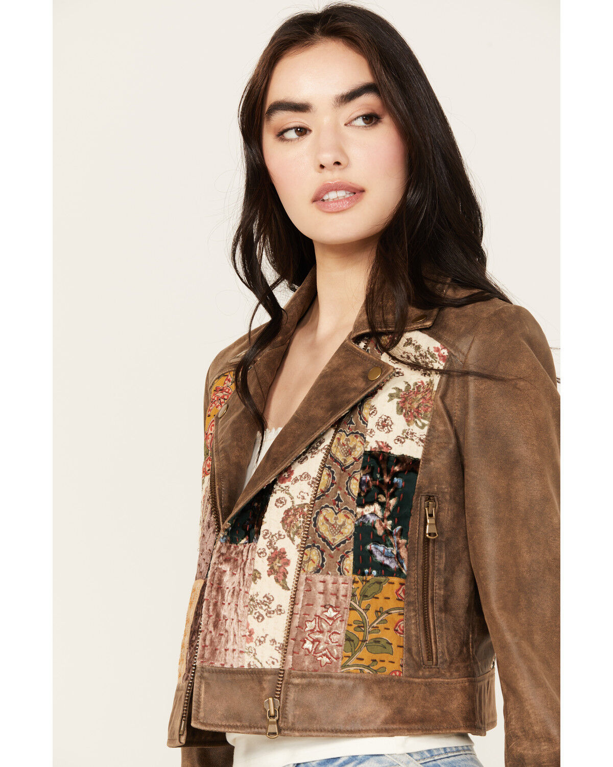Image #2 - Cleo + Wolf Women's Patchwork Leather Moto Jacket, Brown, hi-res