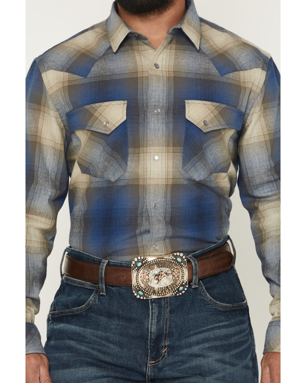 Image #3 - Pendleton Men's Boot Barn Exclusive Wyatt Plaid Print Long Sleeve Snap Western Shirt, Blue, hi-res
