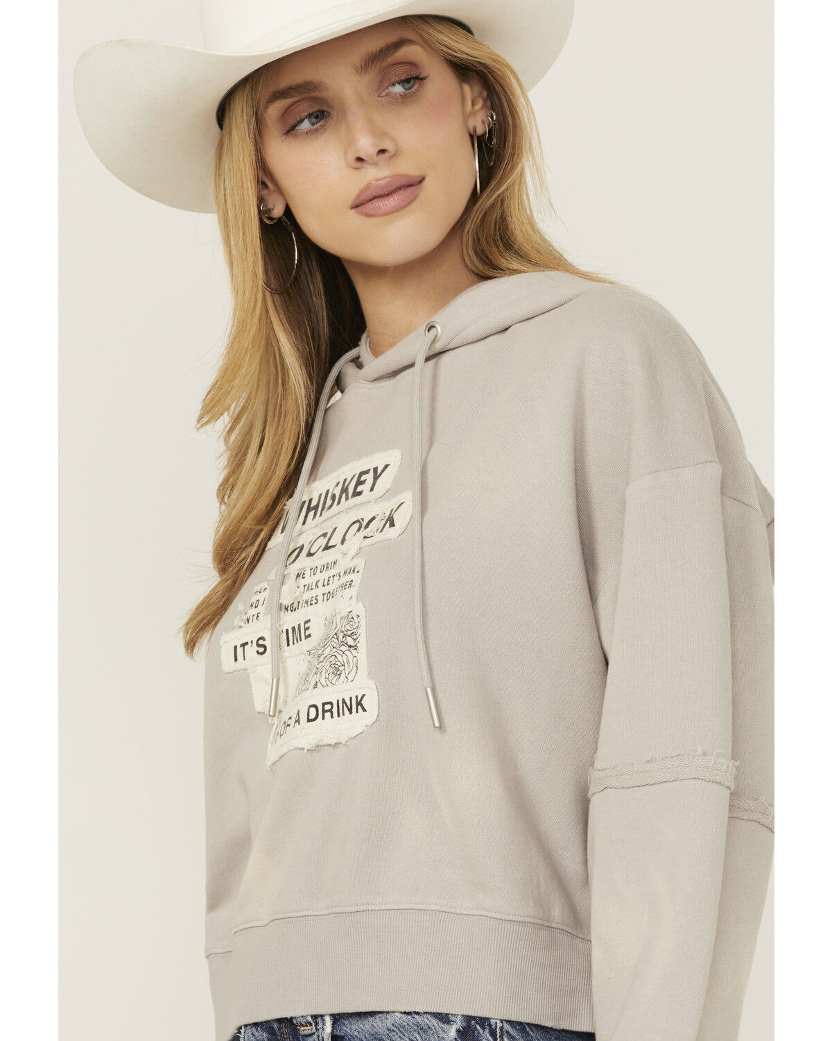 Image #2 - Cleo + Wolf Women's Whiskey O' Clock Graphic Cropped Hoodie, Light Grey, hi-res