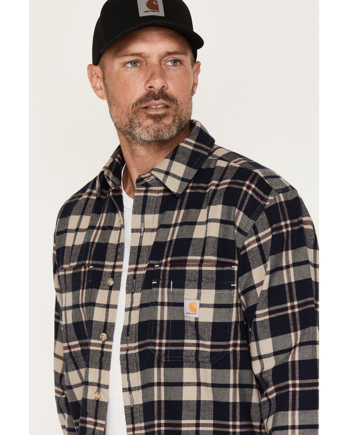 Image #2 - Carhartt Men's Hamilton Relaxed Plaid Print Long Sleeve Button-Down Stretch Flannel Shirt, Navy, hi-res