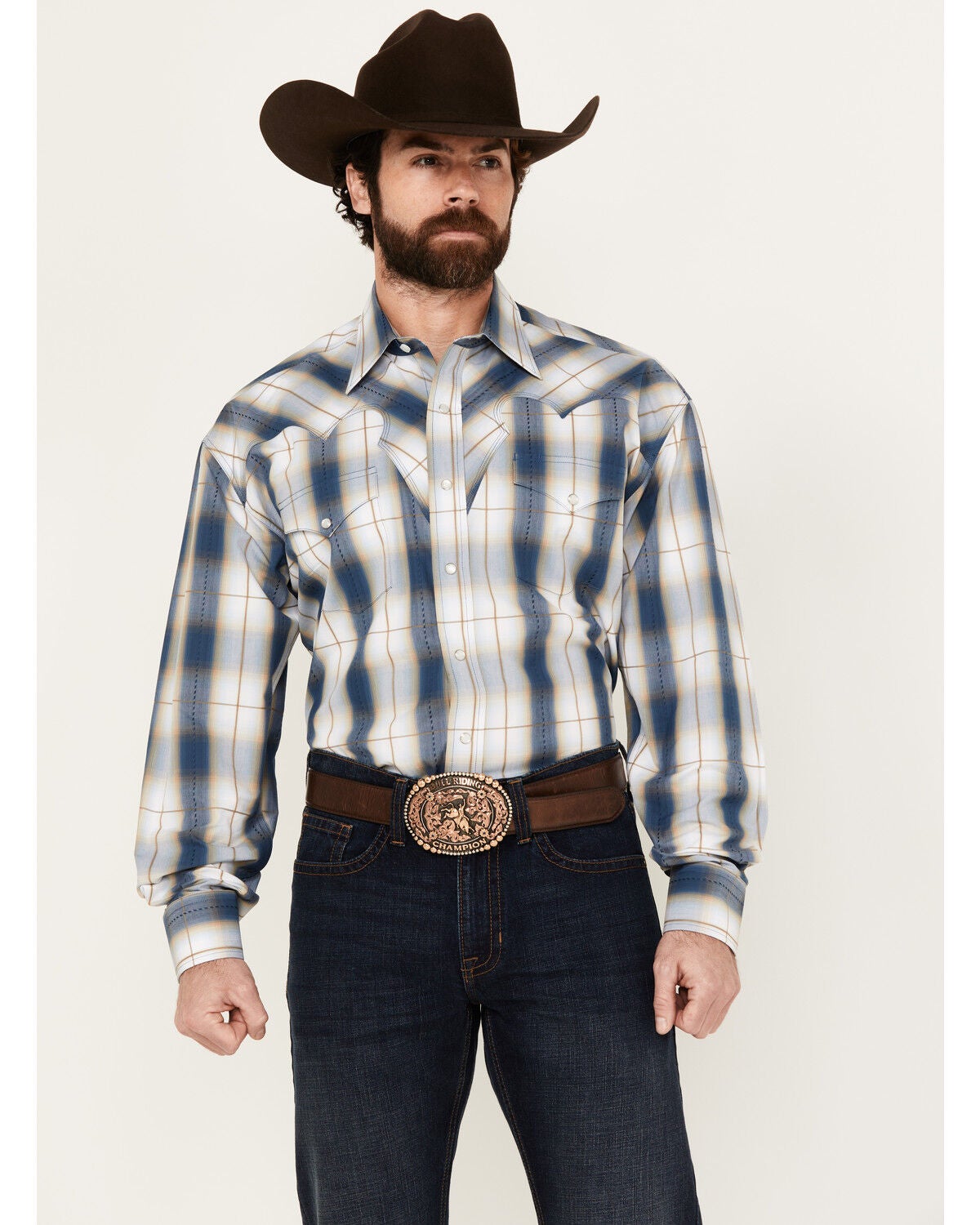 Stetson Men's Plaid Print Long Sleeve Pearl Snap Western Shirt, Blue, hi-res
