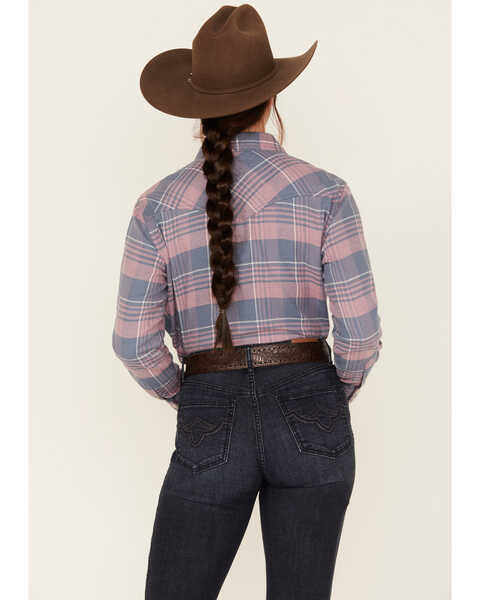 Image #4 - Wrangler Women's Plaid Print Long Sleeve Western Flannel Pearl Snap Shirt, Blue, hi-res