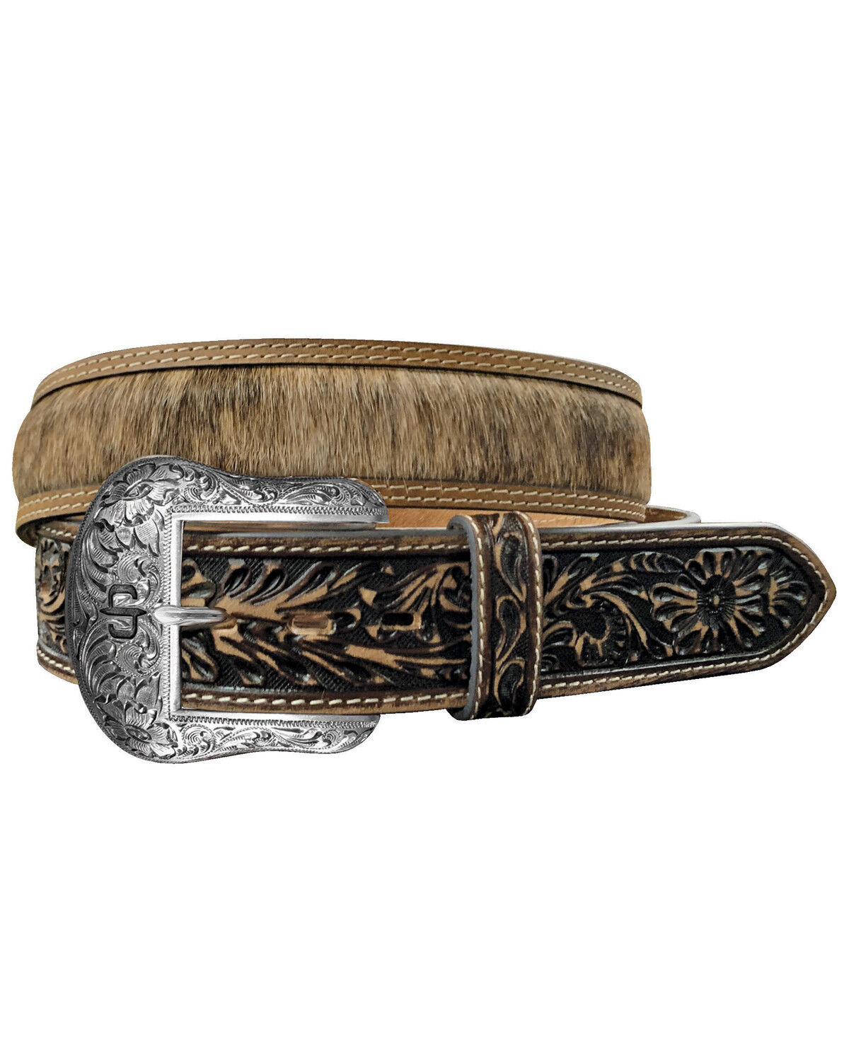 Image #1 - Stetson Men's Hair-On-Hide Tooled Tab Belt, Dark Brown, hi-res