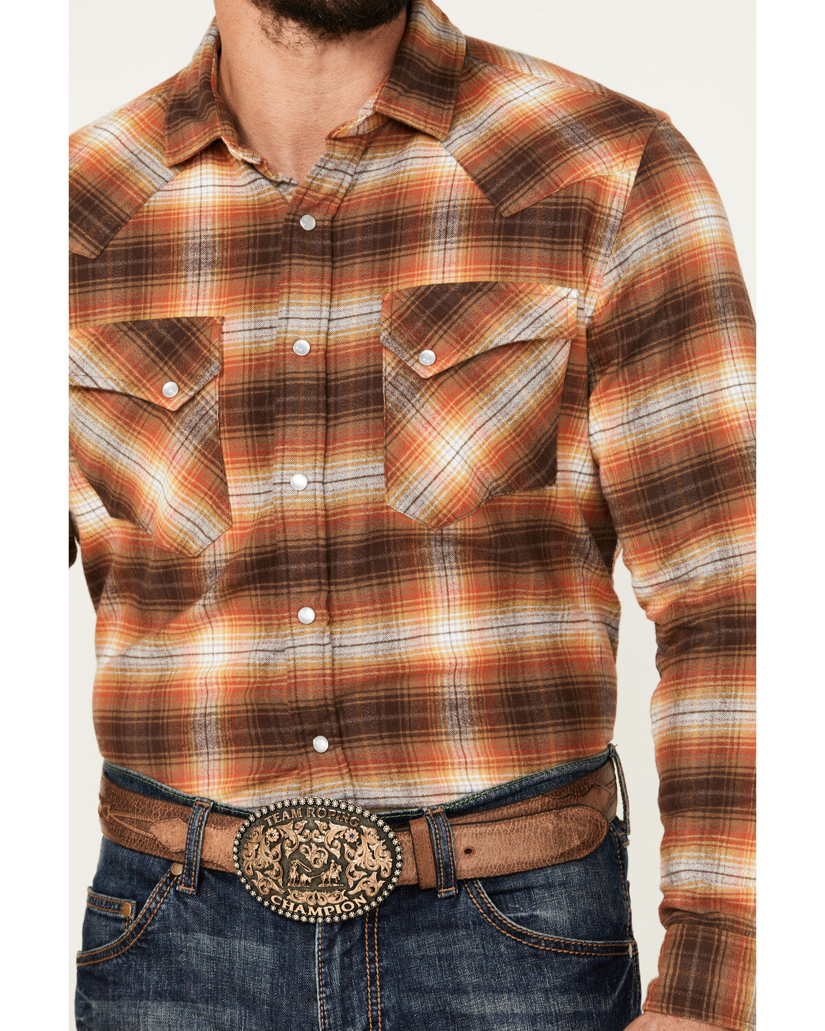 Image #3 - Pendleton Men's Wyatt Plaid Print Long Sleeve Pearl Snap Western Shirt, Coffee, hi-res