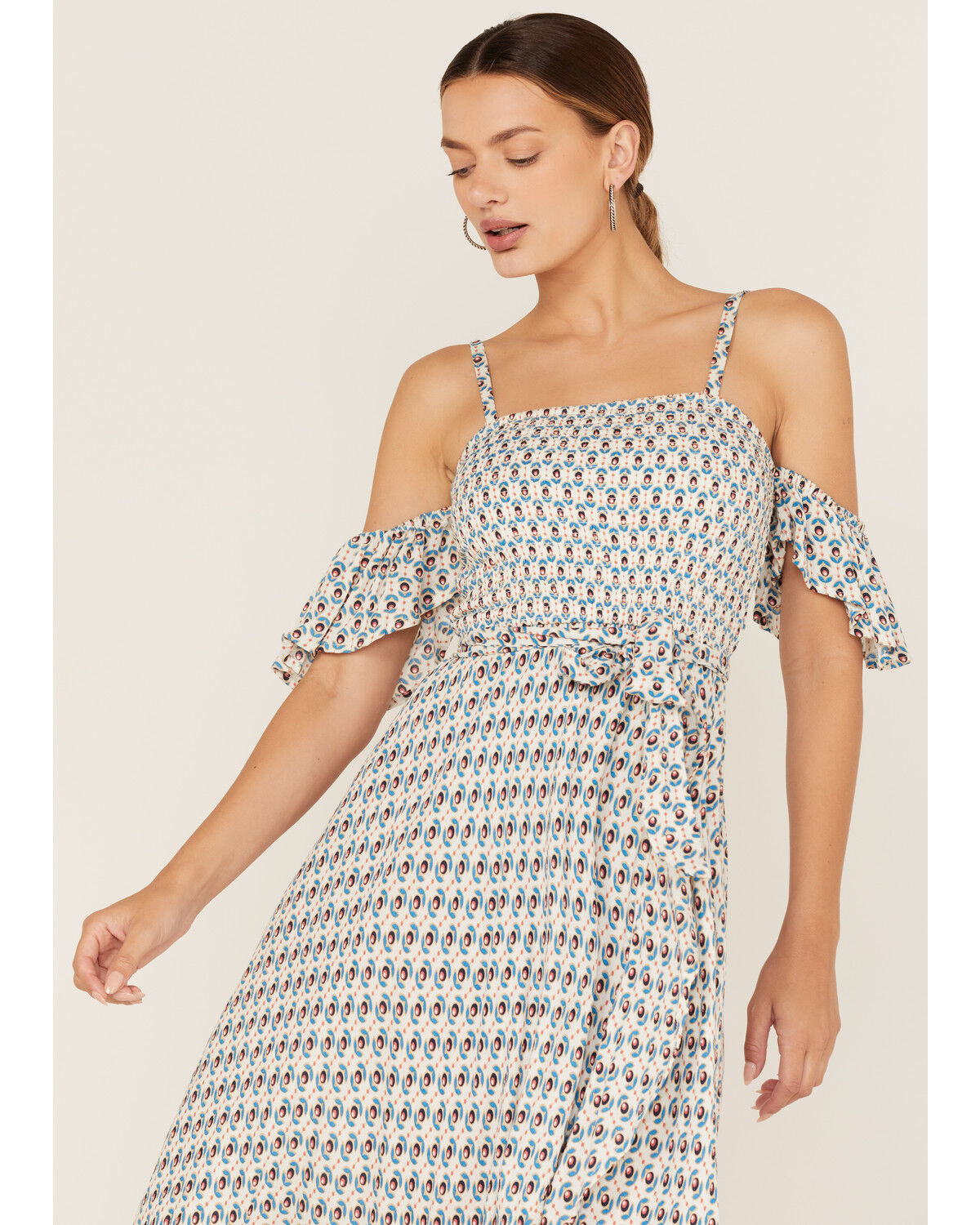 Image #2 - Band of the Free Women's Prism Geo Print Off Shoulder Smocked Wrap Midi Dress, Blue, hi-res
