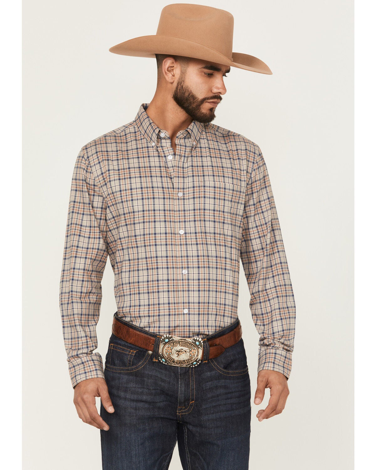 Cody James Men's Let's Mosey Plaid Print Long Sleeve Button-Down Stretch Western Shirt, Grey, hi-res
