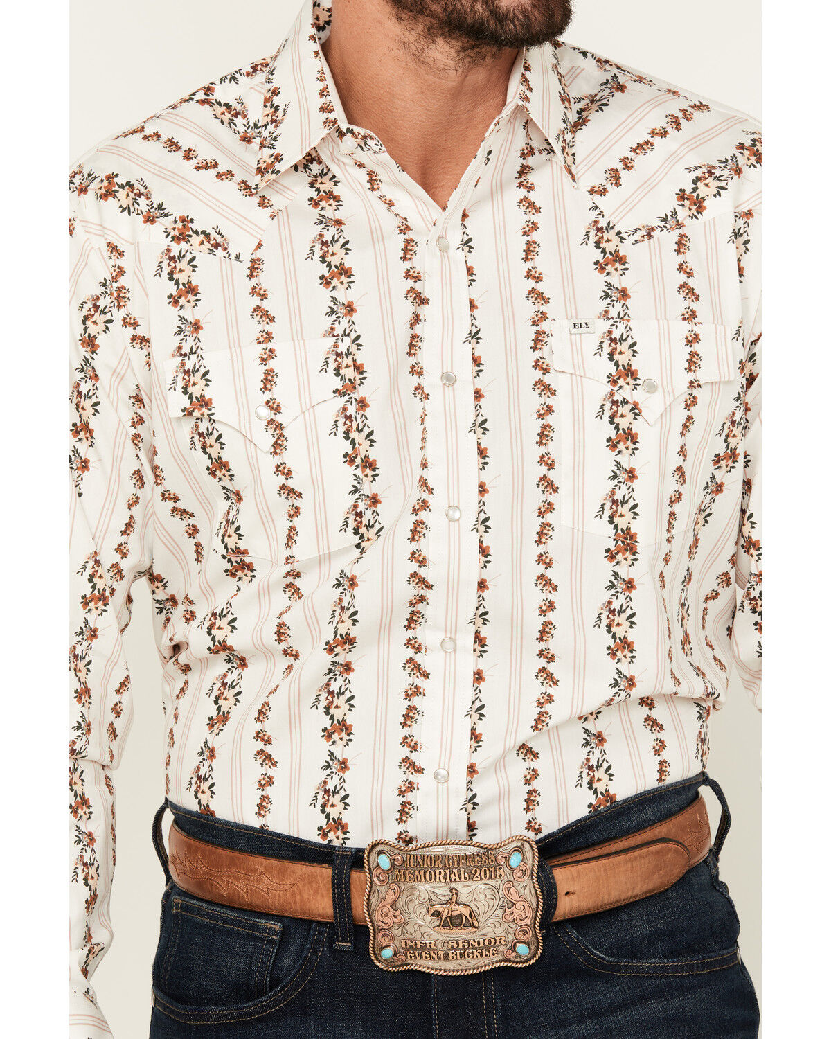 Image #3 - Ely Walker Men's Floral Striped Long Sleeve Pearl Snap Western Shirt, Cream, hi-res