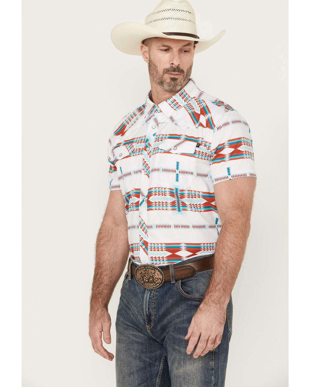 Image #2 - Rock & Roll Denim Men's Tek Southwestern Striped Short Sleeve Pearl Snap Western Shirt, White, hi-res