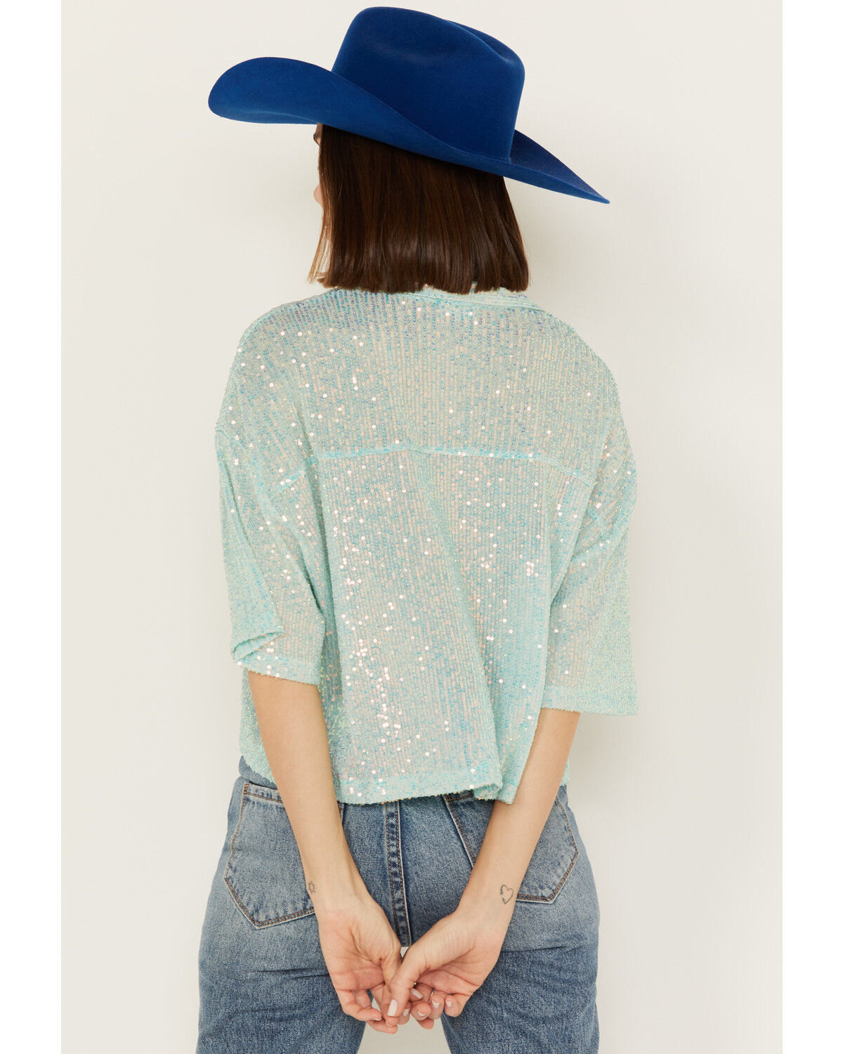 Image #4 - POL Women's Sequin Button Up Top, Blue, hi-res