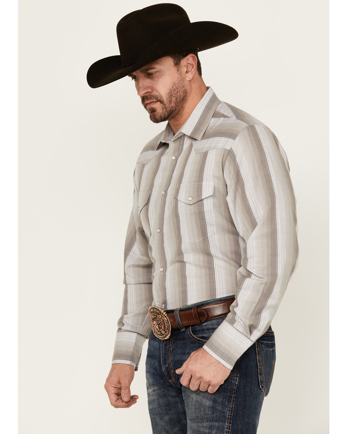 Image #2 - Roper Men's Striped Print Long Sleeve Snap Western Shirt, Grey, hi-res