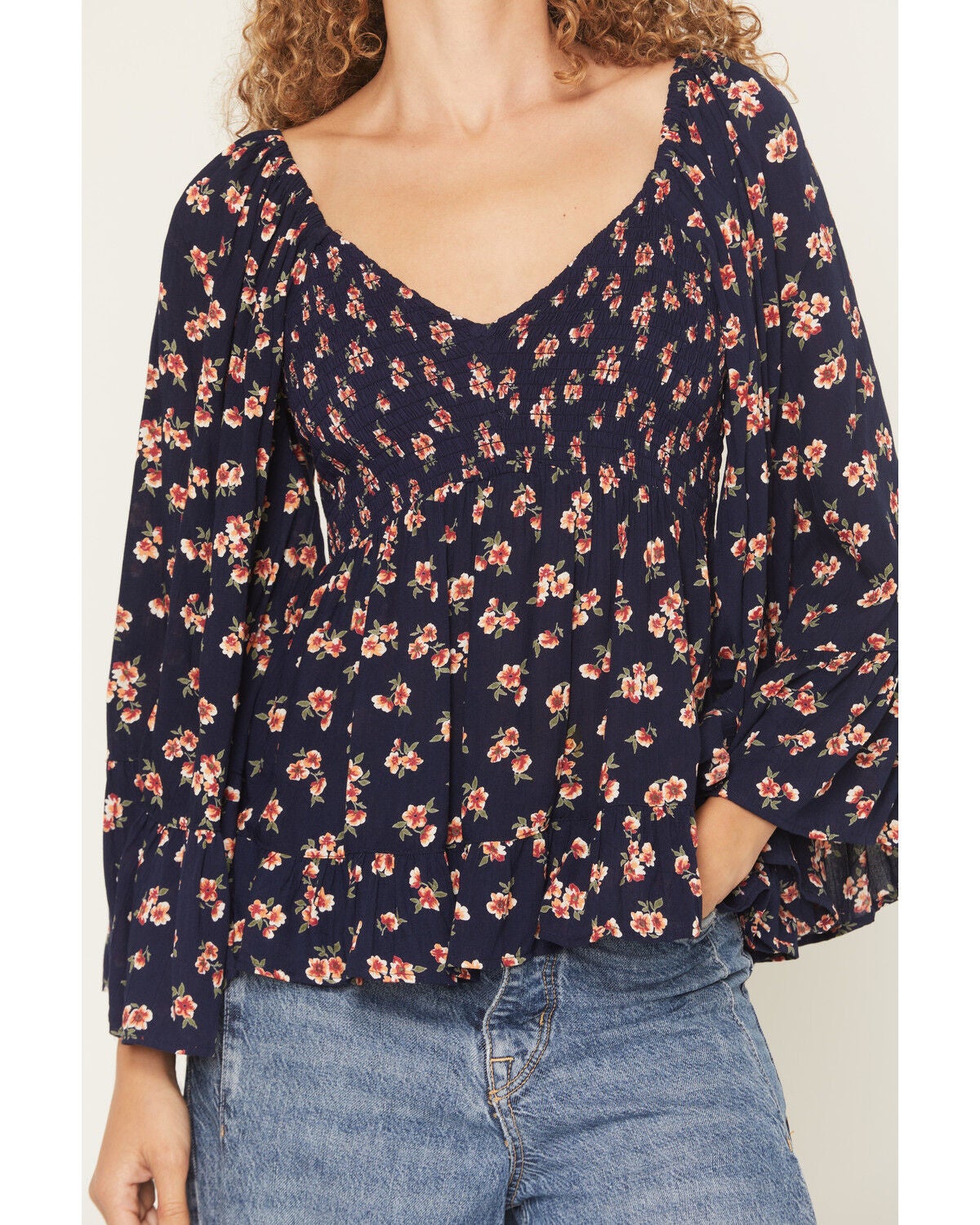 Image #3 - Angie Women's Floral Print Long Bell Sleeve Top, Navy, hi-res