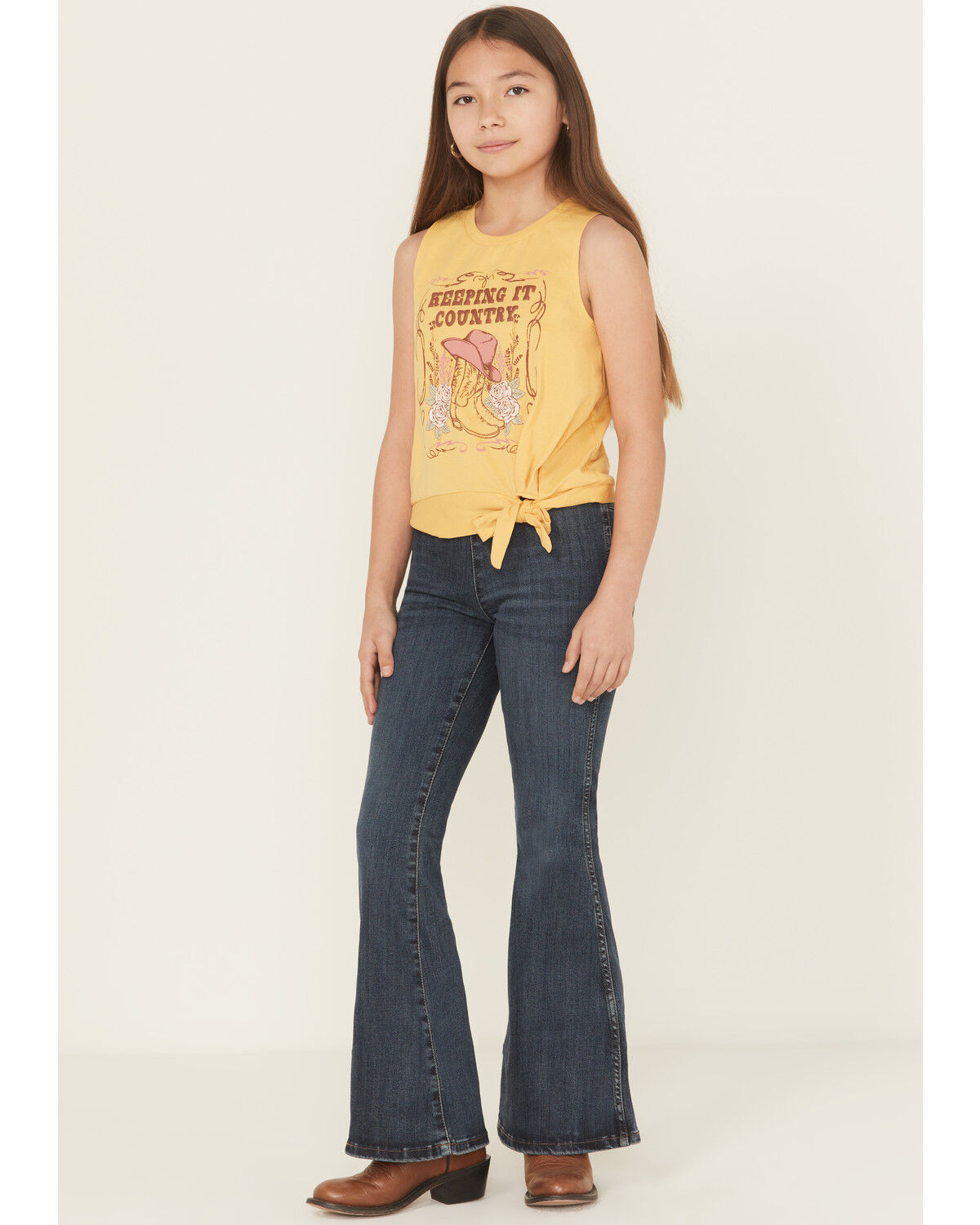 Image #1 - Wrangler X Lainey Wilson Girls' Dark Wash Bell Bottom Flare Stretch Denim Jeans, Blue, hi-res